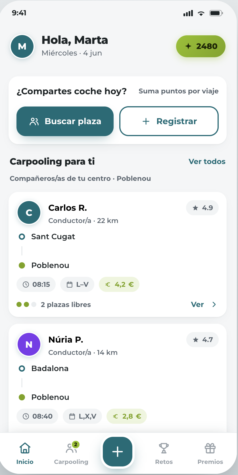 Pantalla de inicio de MobilityOS Share con sugerencias de coche compartido