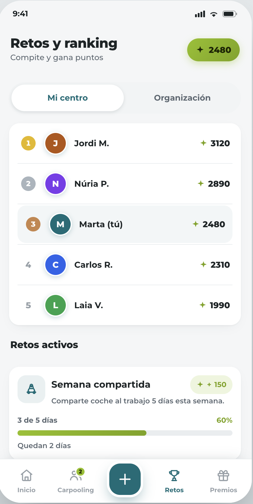 Pantalla de retos y ranking de MobilityOS Share